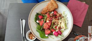 Quinoa, smoked lingos, fresh spinach, asparagus, Greek white, red onions, balsamic vinaigrette. at Annie's Kitchen in Lille