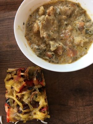 Pizza and vegetable stew  at Andrum Cafe in Gothenburg