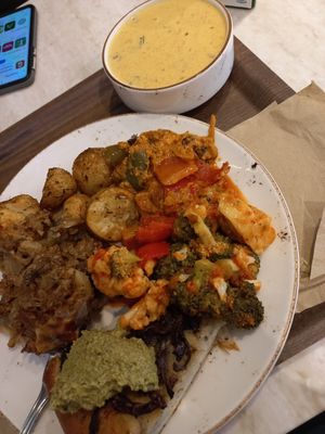 Vegi musaka, indian stew,potatoes, roasted vegis, focaccia with pesto at Andrum Cafe in Gothenburg