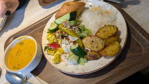 Rice, potatoes & salad with dahl soup and a roll at Andrum Cafe in Gothenburg