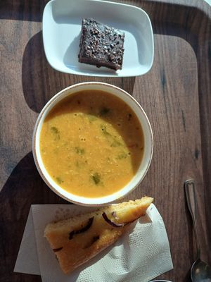 Daal soup and chocolate cake with sea salt. at Andrum Cafe in Gothenburg