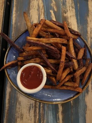 Veganized sweet potato fries  - ask them to fry them in the dessert fryer, which has oil not contaminated by  meat dishes like in their regular fryer   at PopoJito Med-Mex Kitchen in Scarsdale