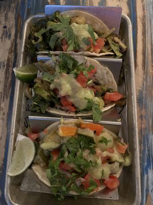 Two different vegan tacos - Brussel spriut with mushrooms and veggie hash   at PopoJito Med-Mex Kitchen in Scarsdale