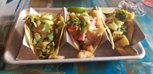 The three vegan taco options - brussel sprouts, cauliflower, and zucchini & squash hash (the best!) at PopoJito Med-Mex Kitchen in Scarsdale