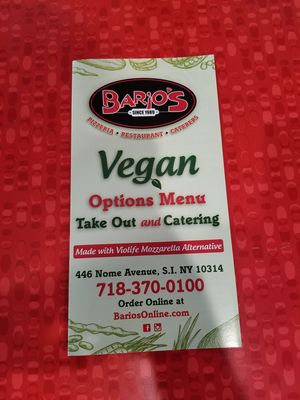 Entire vegan menu at Bario's Pizza in Staten Island