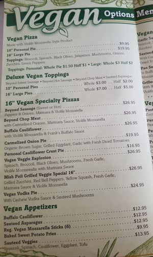 Vegan menu at Bario's Pizza in Staten Island