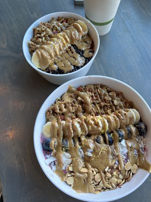 Top: morning oat bowl. Bottom: blueberry pie smoothie bowl  at Fix & Repeat in Bend