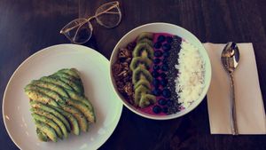 Avocado toast and dragonfruit smoothie bowl  at Fix & Repeat in Bend