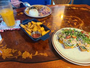 Tuna melt, chicken curry and chips. at And 유 (Yu) Cafe in Jeju