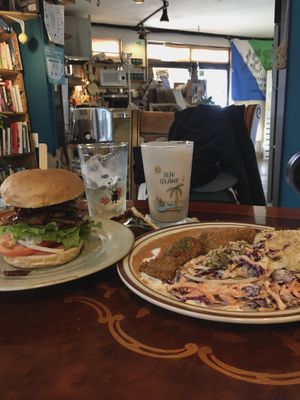 From left to right: vegan bulgogi burger, kombucha, cacao cashew smoothie, vegan chicken curry  at And 유 (Yu) Cafe in Jeju
