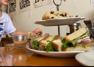 Tea for two - sandwiches, tea, and fresh baked scones.  at And 유 (Yu) Cafe in Jeju