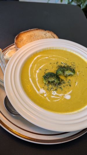 Pumpkin soup with bread and butter at And 유 (Yu) Cafe in Jeju