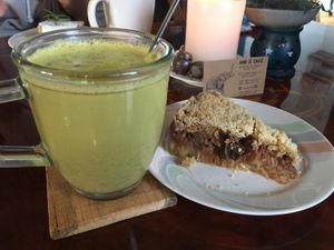 Vegan gold milk and warm apple crumble pie at And 유 (Yu) Cafe in Jeju