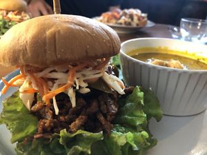 Pulled pork burger / today’s soup at And 유 (Yu) Cafe in Jeju