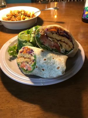 Tempeh wrap with a side of fried vegan balls at And 유 (Yu) Cafe in Jeju