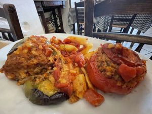 Yemista— stuffed green peppers and red peppers with rice. Delicious a traditional Greek dish.  at Maro Tavern in Naxos
