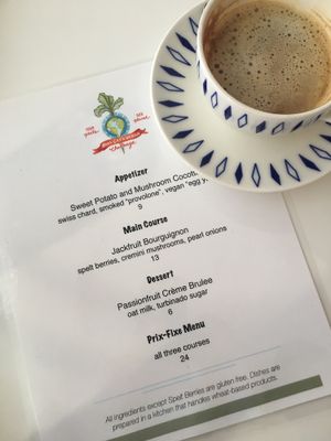 Unscripted Menu for the Bull City Vegan Challenge and Oatly cappuccino  at Unscripted in Durham