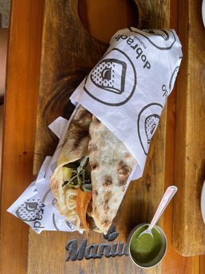 Wrap with palm heart, grilled veggies, tomatoes, and vegan pesto   at Manuê in Paraty