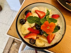 Overnight Bircher muesli with a mix of soja yoghurt and milk, loved the texture and good mix with the fresh fruit.  at That's Toast in Bruges