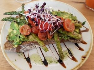 with avocado and asparagus at That's Toast in Bruges