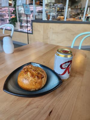 Vegan piroshki with a rainier beer! at Pinoyshki in Seattle