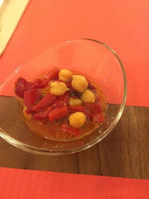 very oily but delicious tapa with our drinks at La Tia Carlota in Madrid