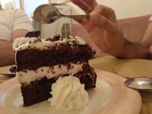 Cherry chocolate cake at La Tia Carlota in Madrid