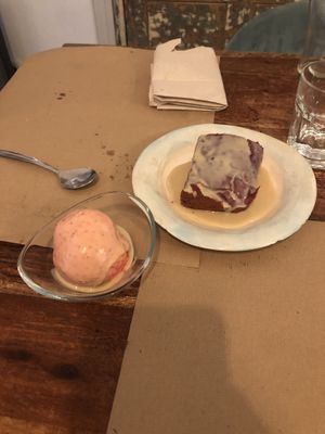 Beet brownie  strawberry ice cream  at La Tia Carlota in Madrid