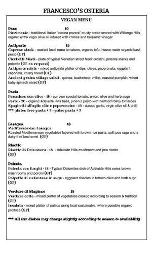 menu pg 1 of 2 at Francesco's Osteria in Torrensville