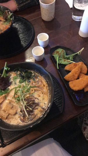 Vegetarian ramen with kale noodles and potato croquettes  at Tokyo-ya Ramen in Federal Way