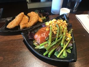 Potato Croquettes and House Salad with Sesame sauce. at Tokyo-ya Ramen in Federal Way