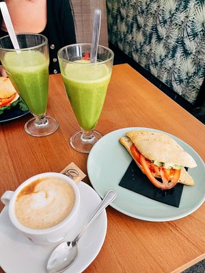 Botox To Go, Cappuccino with soy milk and bread with hummus, tomatoes and avocado  at Lille Brunch & Lunch in Tenerife