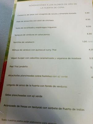 vegan menu at Séptimo Arte in Conil De La Frontera