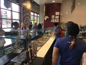 The line to choose toppings at Mod Pizza in Asheville