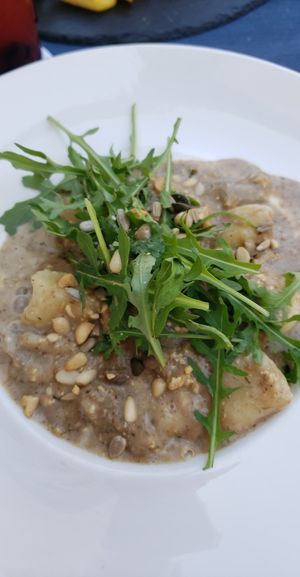 Gnocchi with smokey-creamy mushroom sauce at Veganeeta Home in Balatonalmadi