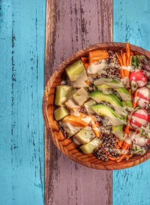 Quinoa Green Lentil Buddha Bowl (Gluten Free)

Bowl ingredients:  Green Lentil, Mix Color Quinoa, Sweet Potato, Potato, Mix Green ( Romaine Lettuce, Purple Lettuce, Hydroponic Kale ) , Carrot, Cherry Tomatoes, Avocado.
* Served with Ginger Tahini Dressing

Dressing Ingredients: Whole Tahini, Ginger, Garlic, Organic Liquid Amino, Lemon Juice, Organic Agave, Organic Camellia Oil 

 at Go Vegan! Grab N Go in Guangzhou