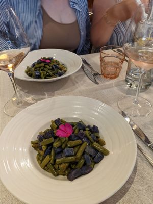 Basil pesto pasta with purple potato and green beans at Osteria Caffe Monte Baldo in Verona