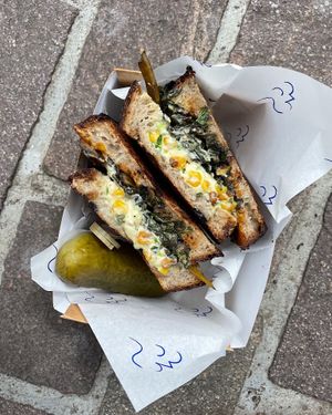 rainbow chard + cheesy corn with a dill pickle at kaf coffee in Glasgow