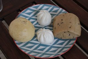 Pau : left to right : with sweet peanuts, with black sesame sweet paste, plain with brown sugar and sesame seeds. at Tze Ern Vege Restaurant 慈恩素食 in Kuala Lumpur