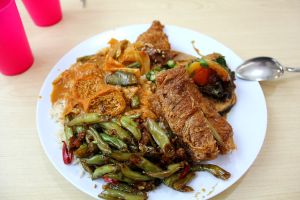 Long beans, mock chicken, chillies, tofu skin, tofu, veggies and curry, tomatoes, mushrooms, etc. at Tze Ern Vege Restaurant 慈恩素食 in Kuala Lumpur