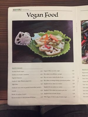 Page 1 of the clearly labeled Vegan Menu  at Bambu Chinese Brasserie in Rome