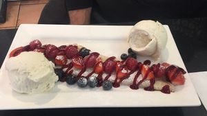 Berry pancake with vegan ice cream  at Olney Pancake Parlour in Olney