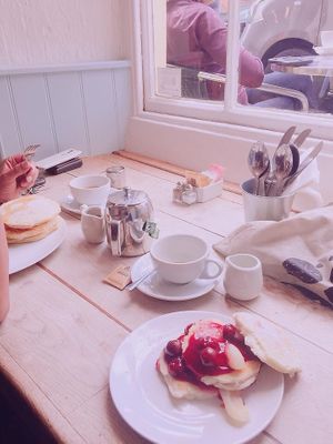 Olney pancake parlour- vegan pancake stack  at Olney Pancake Parlour in Olney