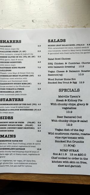 Menu with vegan options at Hardknott Bar & Cafe in Eskdale