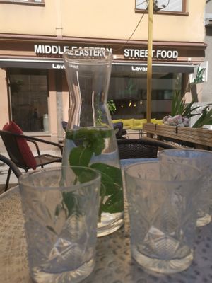 Outdoor area. Free water, as it's standard in the Nordics. at Levant - Kallio in Helsinki
