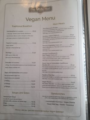 Their vegan menu :) at The White Hart Tearoom in Leek