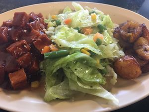 Jerk BBQ tofu with cabbage and plantains at Desert Island Eatery in Tucson