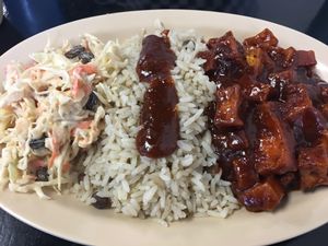 Jerk BBQ tofu, peas and rice, and vegan coleslaw at Desert Island Eatery in Tucson