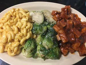 Jerk BBQ tofu, Brussels sprouts, and mac and cheese at Desert Island Eatery in Tucson