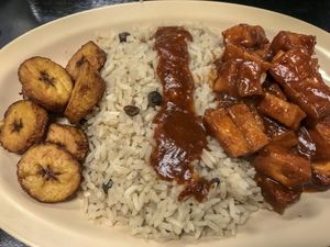 jerk bbq tofu, plantains, rice  at Desert Island Eatery in Tucson